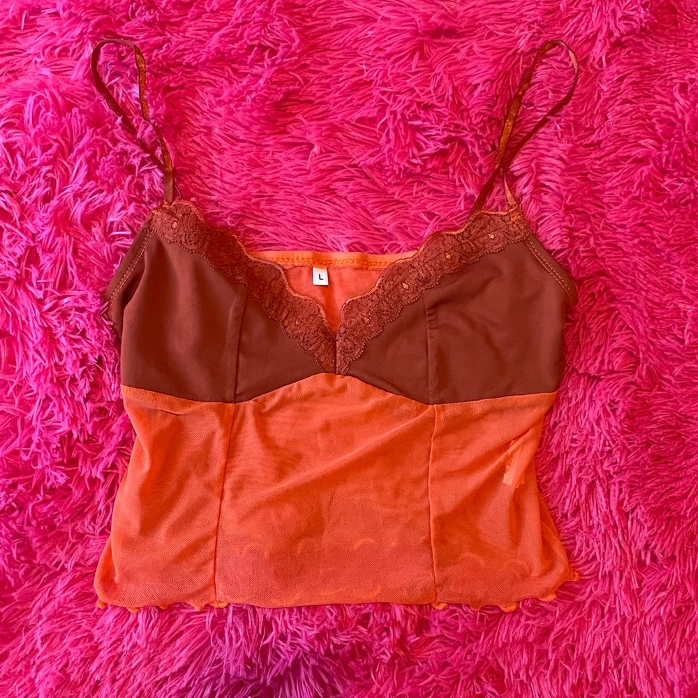 Women's Orange and Brown Lace Trim Top